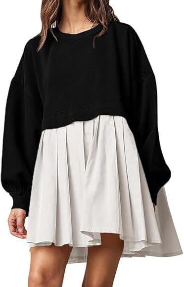Women Oversized Sweatshirt Dress Long Sleeve Crewneck Patchwork Pleated Relaxed Fit Pullover Tops... | Amazon (US)