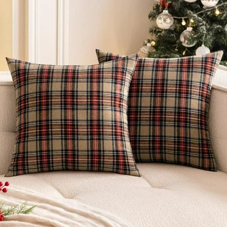 Christmas Set of 2 Scottish Tartan Throw Pillow Covers Farmhouse Classic Plaid Decorative Couch Pillows Home Decor for Sofa Living Room Bed 18x18 Inch, Khaki | Walmart (US)