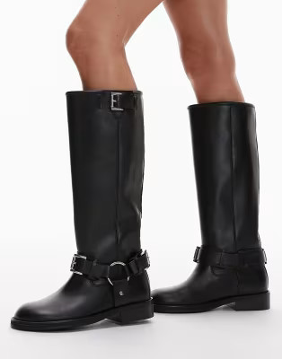 Topshop Tee premium leather knee high biker boots in black | ASOS | ASOS (Global)