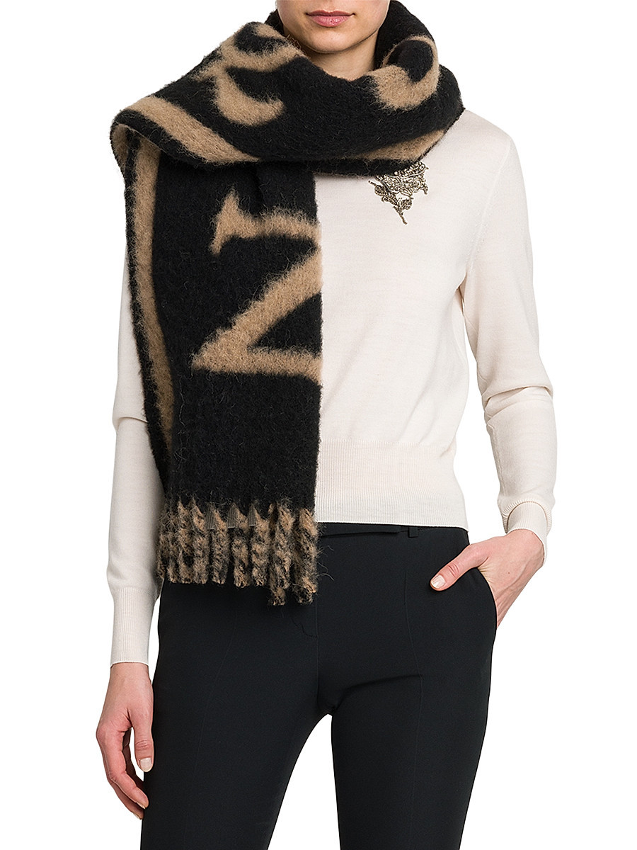 Women's Logo Alpaca-Blend Fringed Scarf - Black Camel | Saks Fifth Avenue