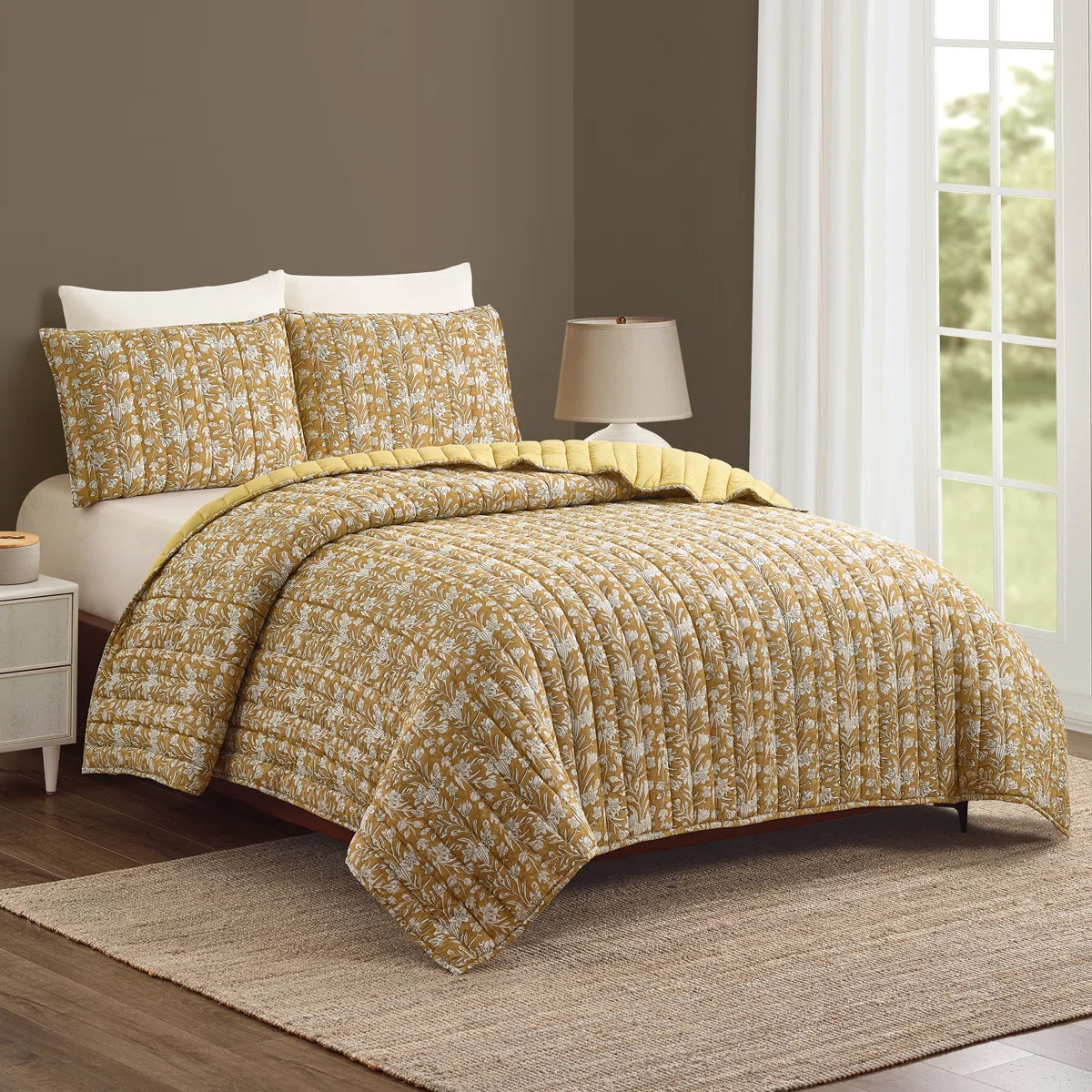 Sketched Floral Block Print 3-Piece Cotton Voile Quilt Set | Wayfair North America