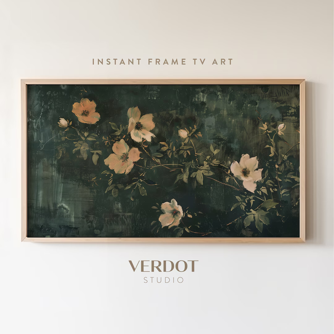 Flower Painting Frame TV Art, Antique Dark Green Peach Wildflower Screensaver, Earthy Organic Flo... | Etsy (US)