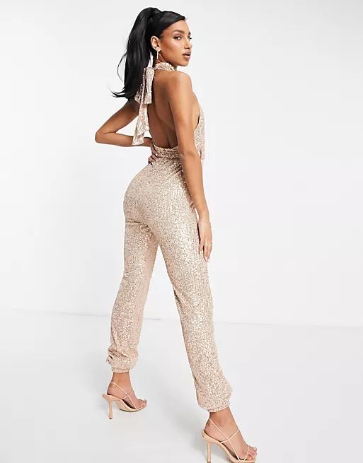 Club L London sequin high neck cuffed detail jumpsuit in rose gold | ASOS (Global)
