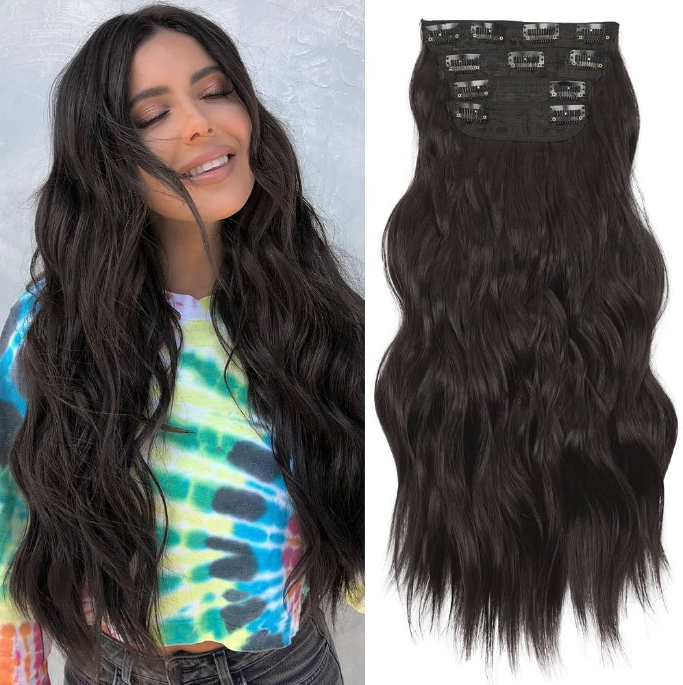 KooKaStyle Clip in Synthetic Hair Extensions Long Wavy 4PCS Thick Hairpieces Brunette Brown Fiber... | Amazon (US)