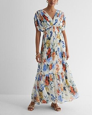 Floral Draped Sleeve Pleated Maxi Dress | Express