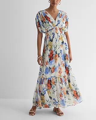 Floral Print Draped Sleeve Pleated Maxi Dress | Express