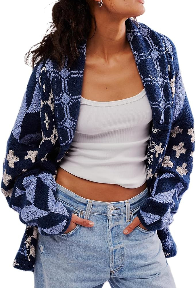 Women Shawl Collar Cardigan Sweater Y2k Print Botton Down Oversized Sweater Vintage Knit Sweater ... | Amazon (US)