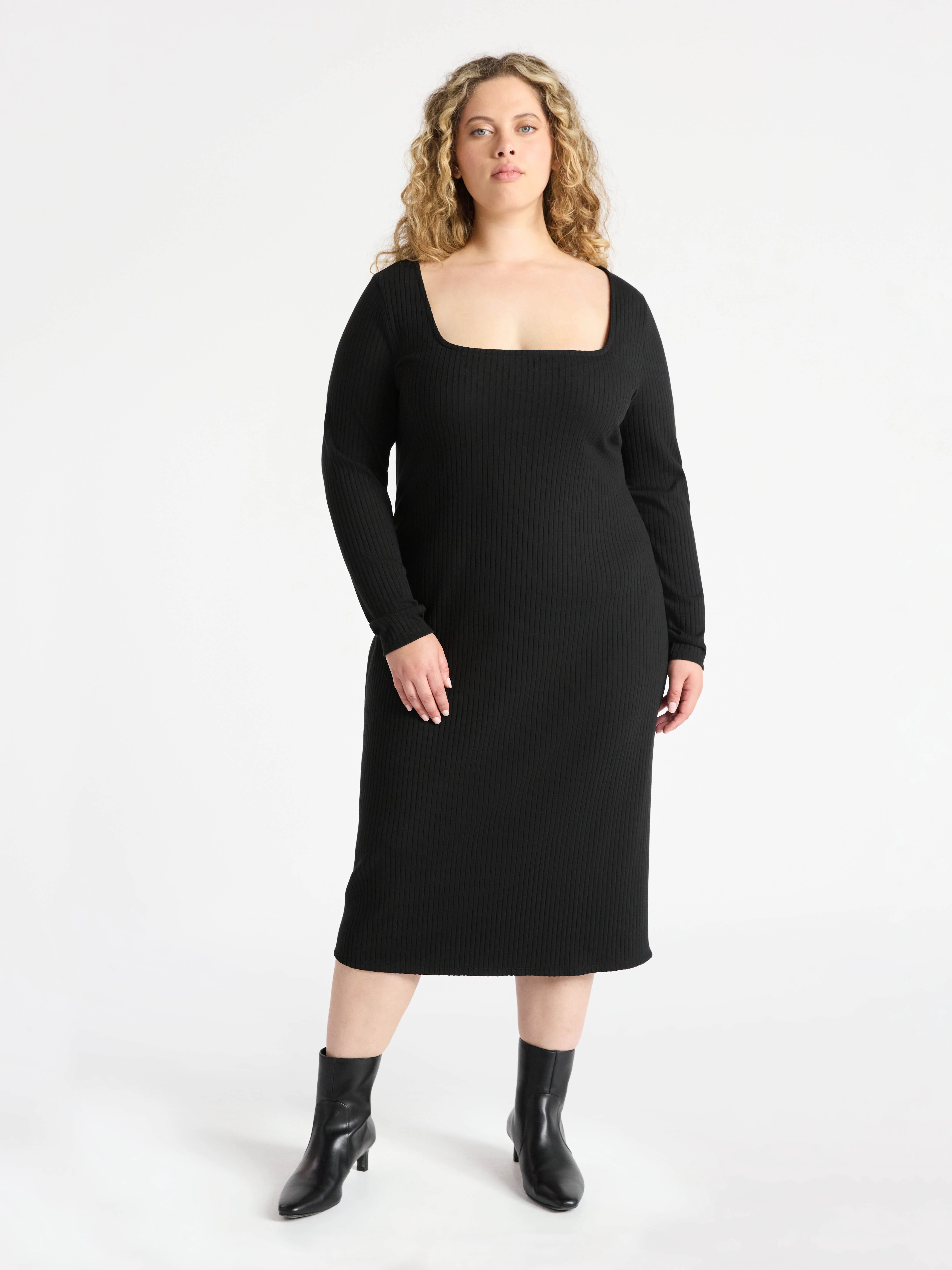 Terra & Sky Women’s Plus Ribbed Knit Midi Dress with Long Sleeves, Sizes 0X-4X | Walmart (US)