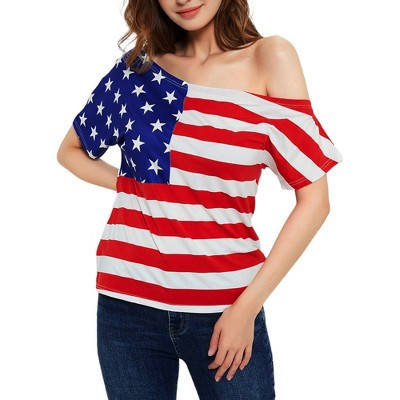 Anna-Kaci Women's USA Flag Top July of 4th T-Shirt Blouse for Everyday Looks- Large, One Shoulder | Target