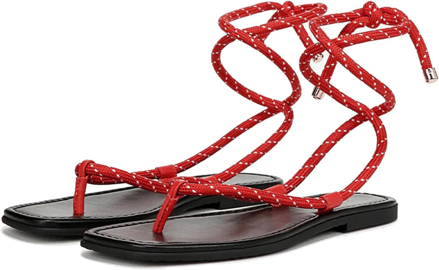 Rope Flat Sandals for Women Strappy Lace Up Square Open Toe Thong Sandals Comfortable Summer Beac... | Amazon (US)