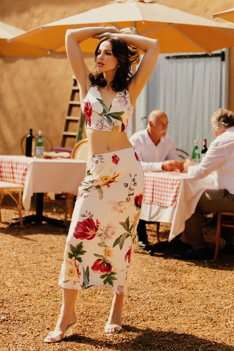 Viviana Satin Midi Skirt - Bella Rosa Print | MESHKI US