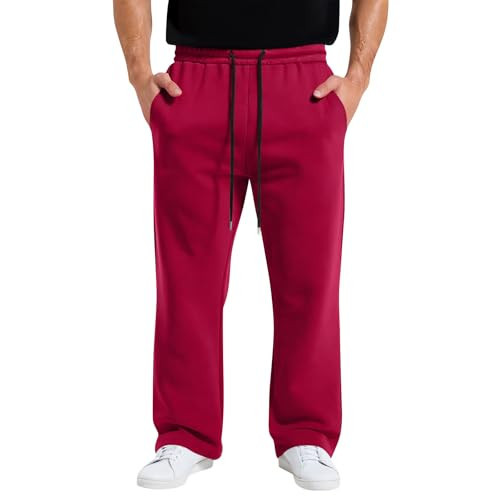 Mens Fleece Sweatpants Open Bottom Drawstring Waist Wide Leg Lounge Pants Big and Tall Baggy Sweatpants with Pockets Running Casual Outdoor Athletic Pants Elastic Waist Warm Winter Trousers Red | Amazon (US)