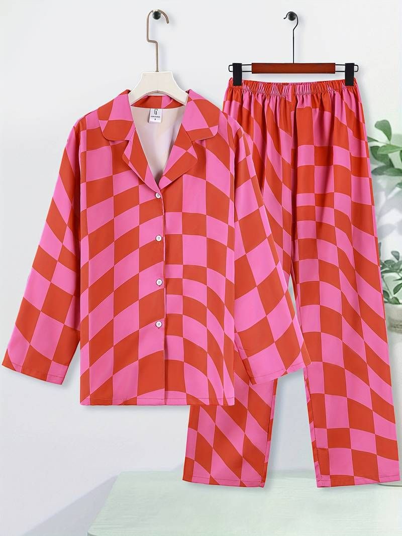Colorblock Geometric Print Pajama Set Lapel Long Sleeve Top - Temu | Temu Affiliate Program