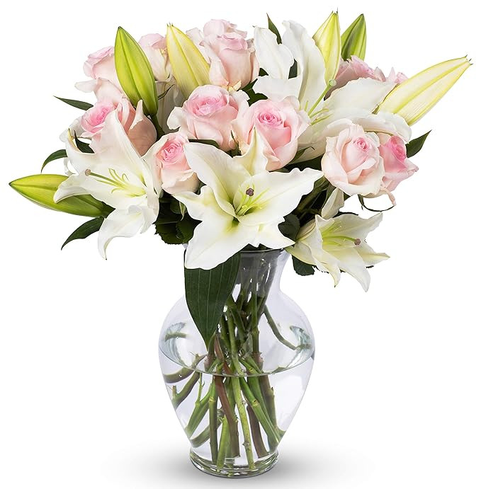 Benchmark Bouquets Pink Roses and White Lilies, With Vase (Fresh Cut Flowers) | Amazon (US)