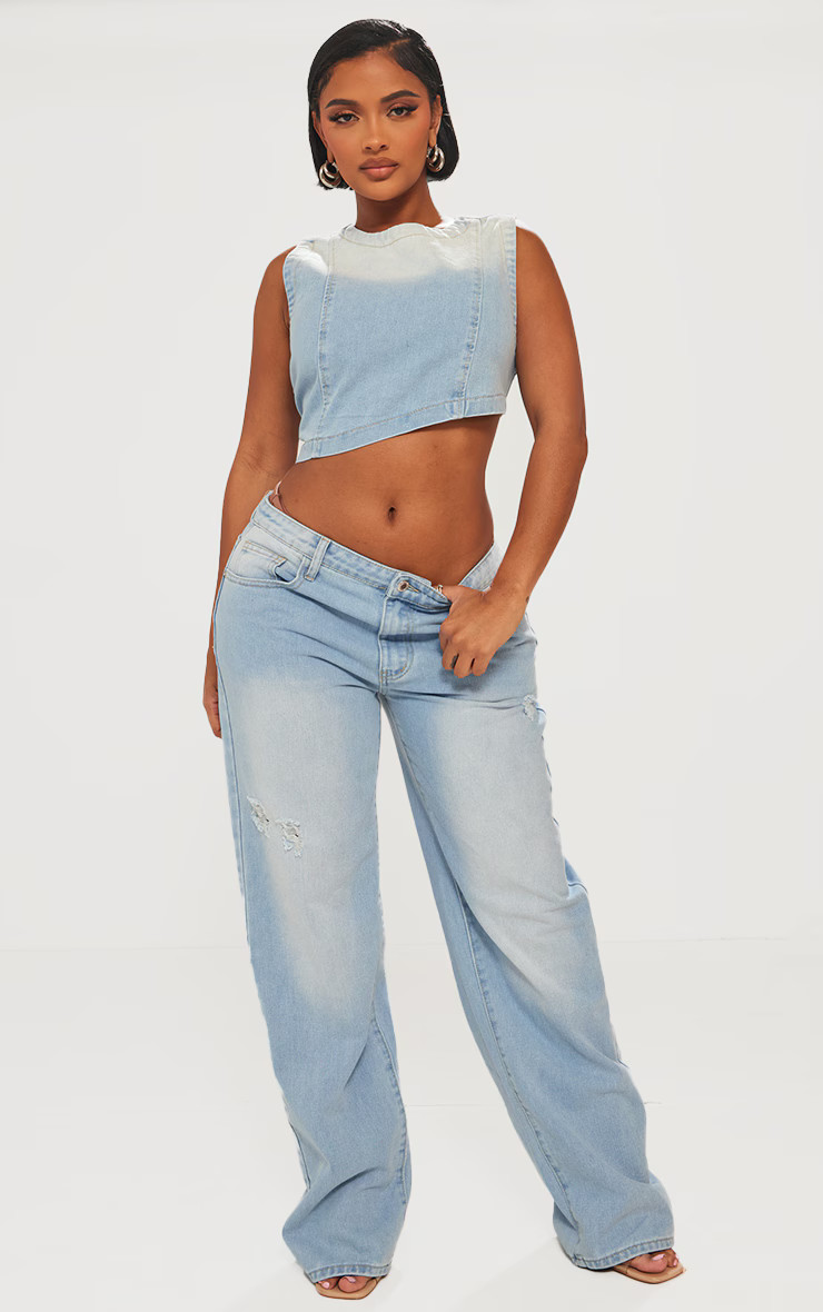 Shape Light Blue Washed Denim Wide Leg Jeans | PrettyLittleThing UK