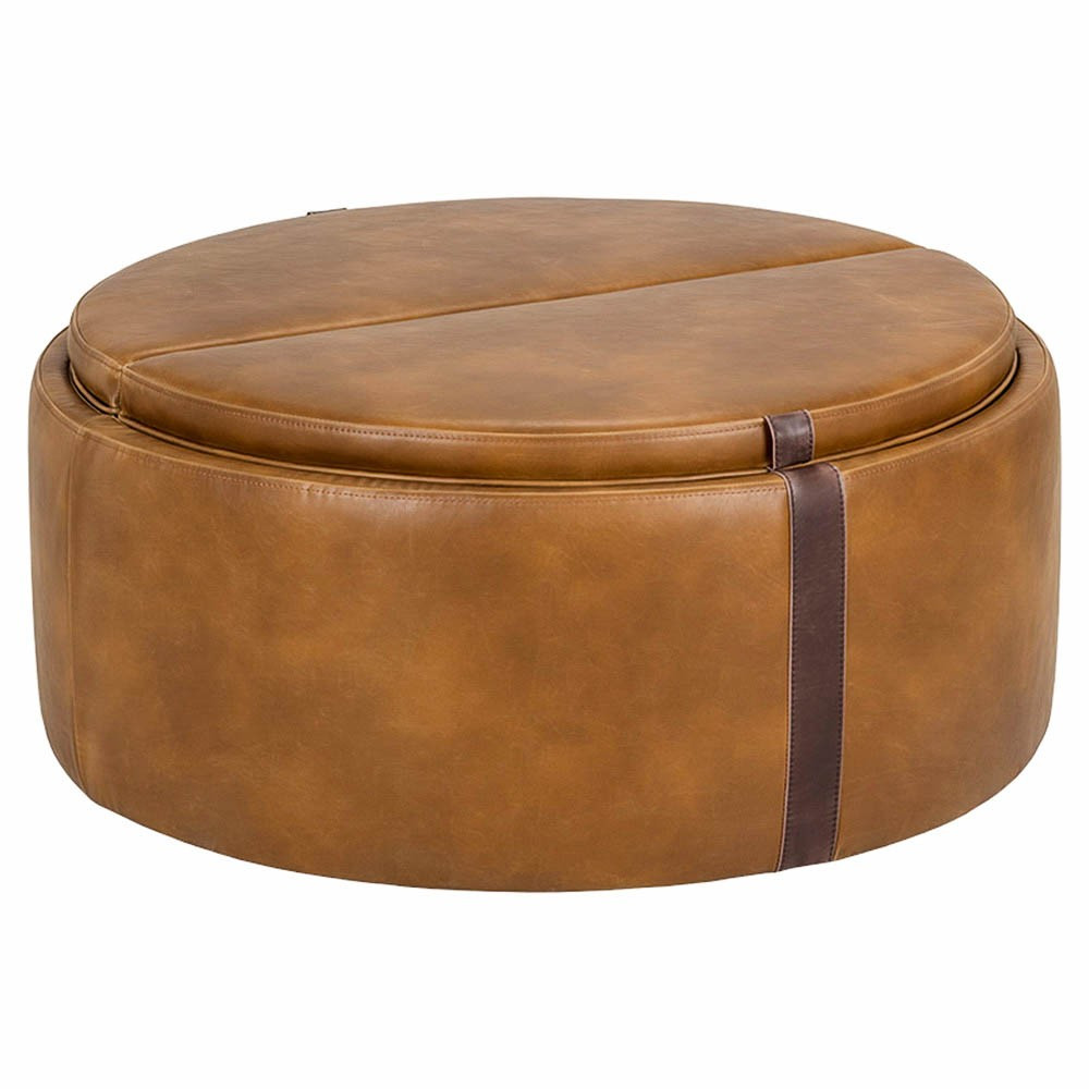 Sunpan Borelli Tobacco Tan Faux Leather Upholstered Round Wheeled Storage Ottoman | Kathy Kuo Home