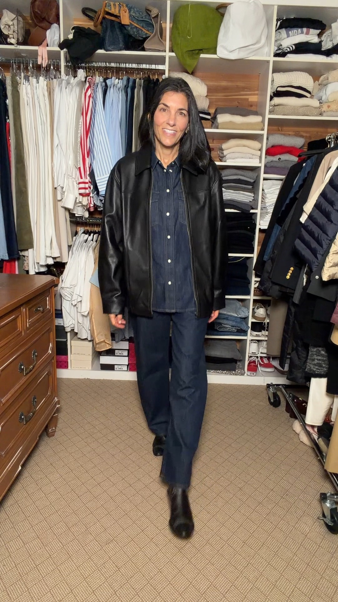 Dark wash double denim look with both straight and wider leg jeans