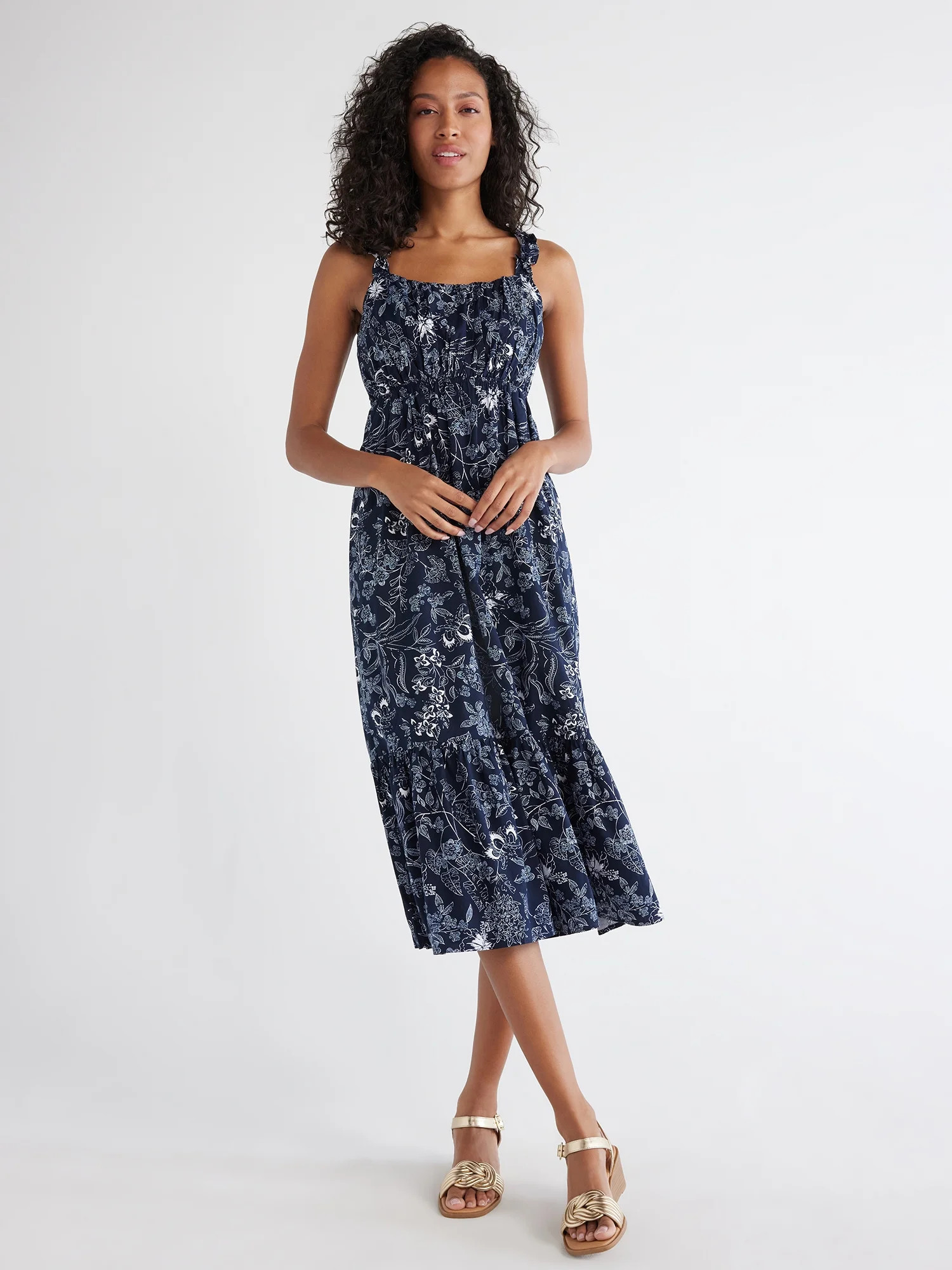 Time and Tru Women's Tie Back Midi Dress with Ruffled Straps, Sizes XS-XXXL | Walmart (US)