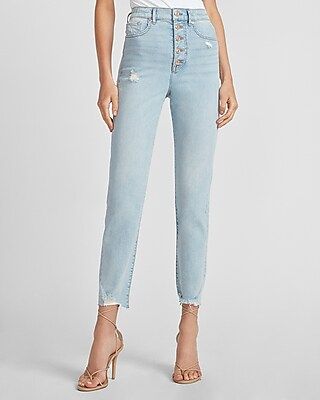 Super High Waisted Button Fly Ripped Raw Hem Slim Ankle Jeans | Express