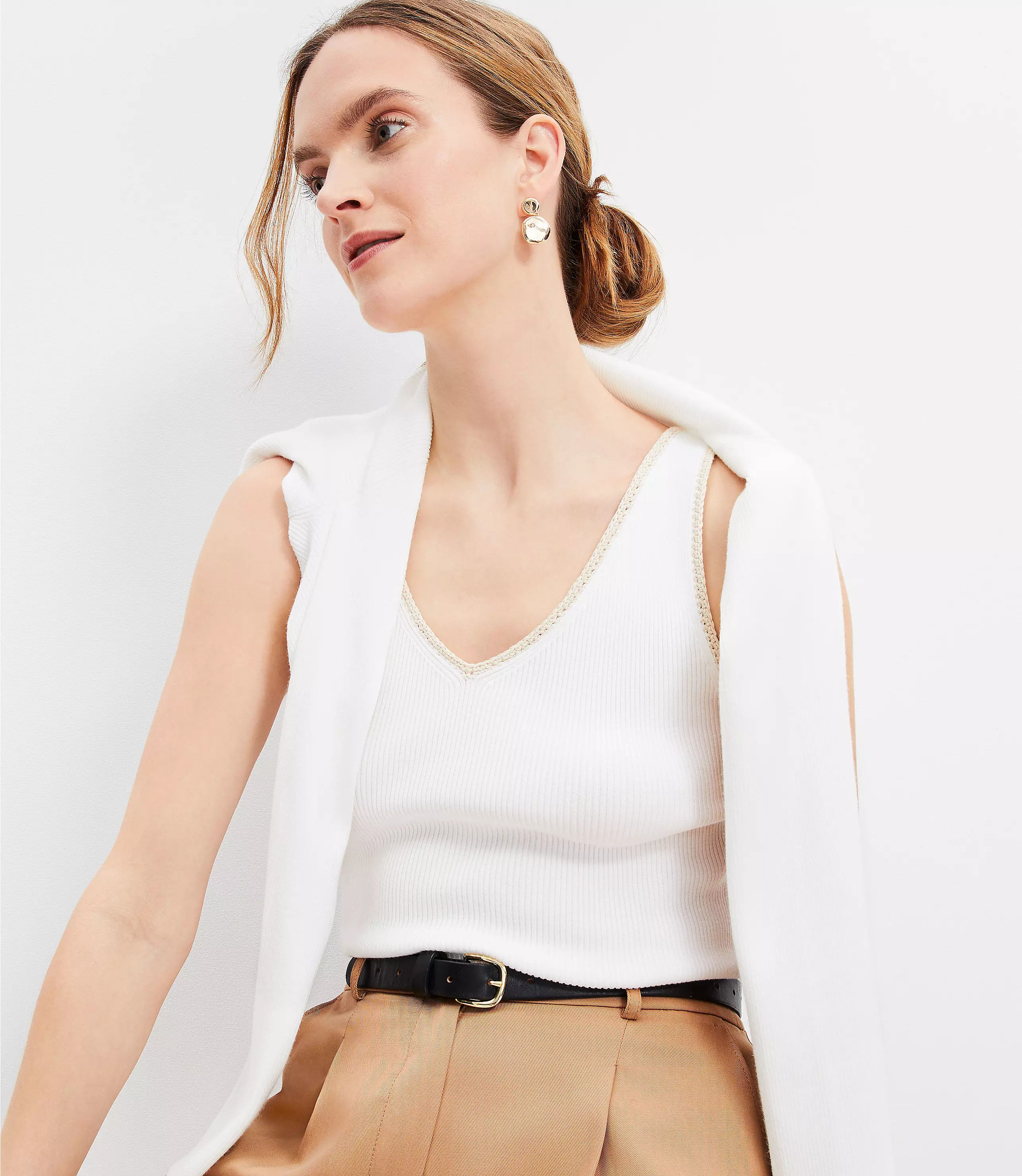 Crochet Trim V-Neck Sweater Tank Top | LOFT