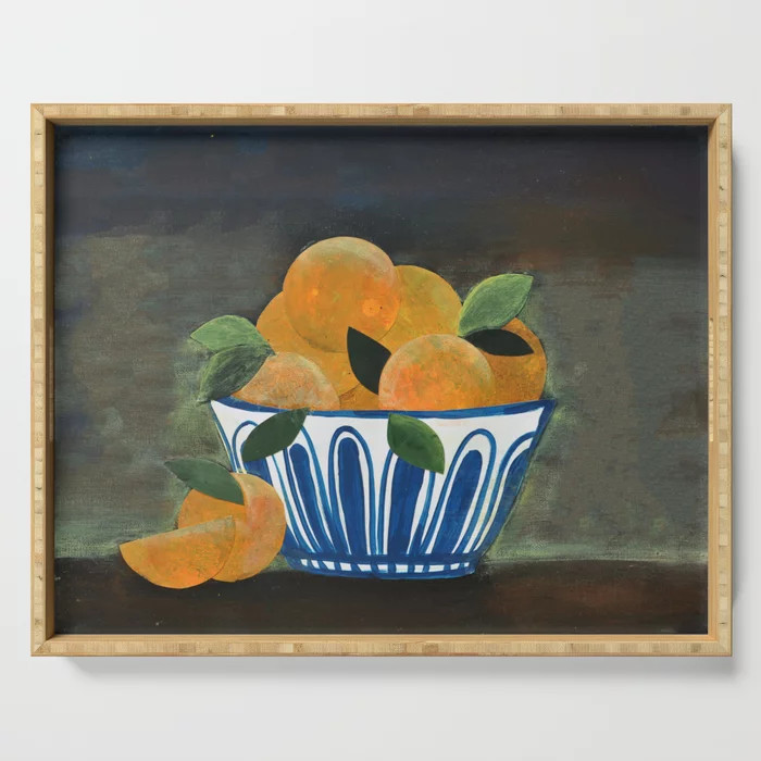 Still Life Oranges in Blue Bowl Serving Tray | Society6