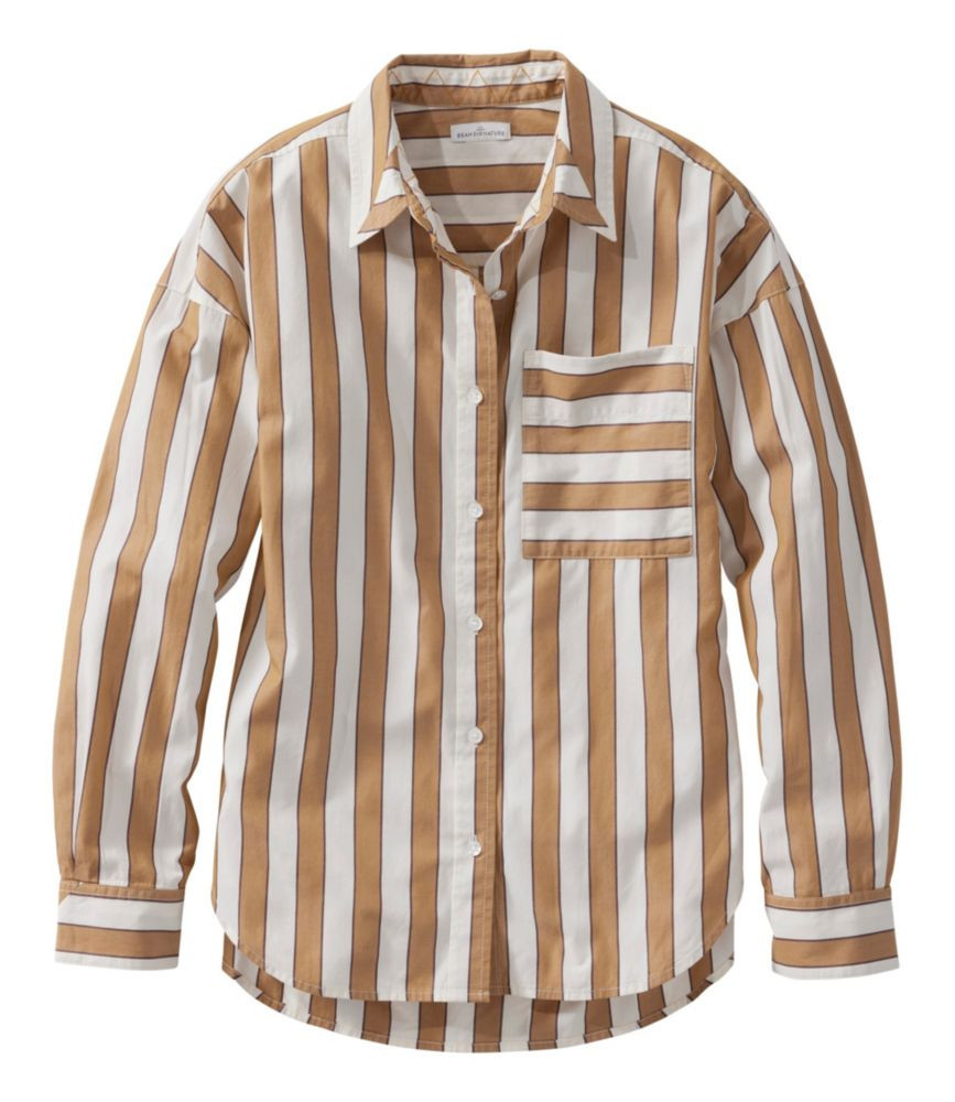 Women's Signature Premium Essential Poplin Shirt, Long-Sleeve Novelty Stripe Marsh Brown/Sailcloth Medium, Cotton L.L.Bean | L.L. Bean