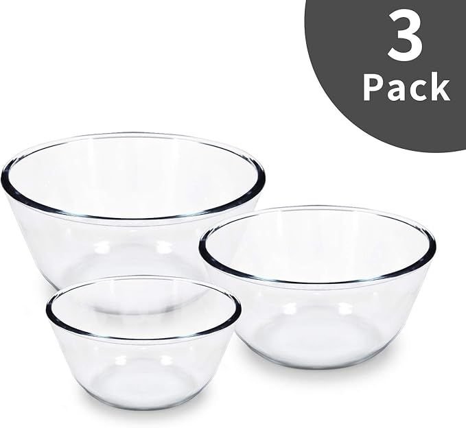 Glass Mixing Salad Bowl Set of 3,Great for Food Storage, Cooking, Baking, Prepping.1.1qt,2.85qt,4... | Amazon (US)