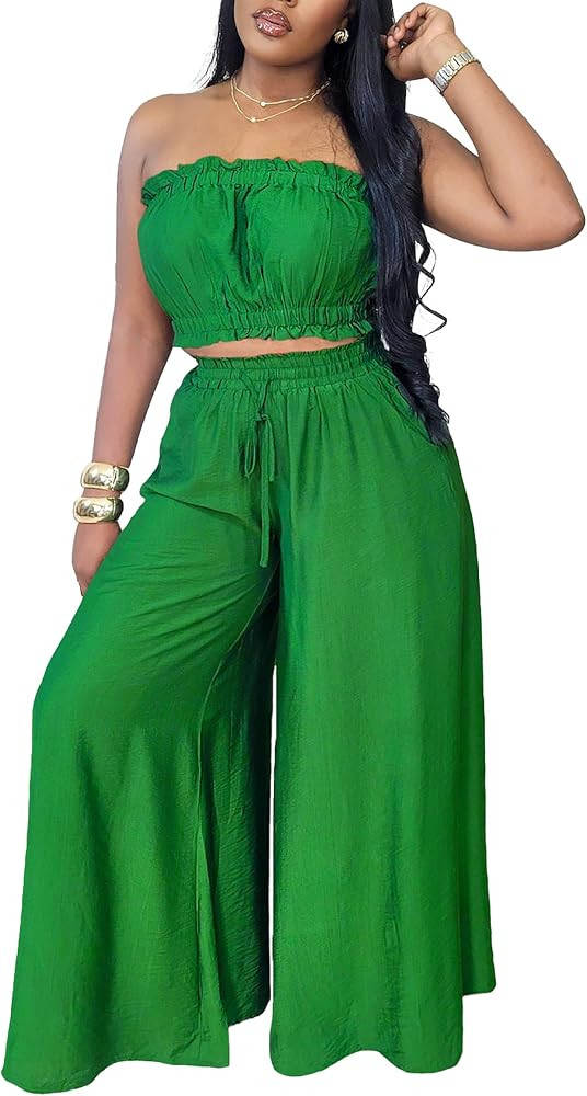 Two Piece Sets for Women Summer Outfits Crop Tops and Wide Leg Pants Sets Sexy Jumpsuits Vacation... | Amazon (US)