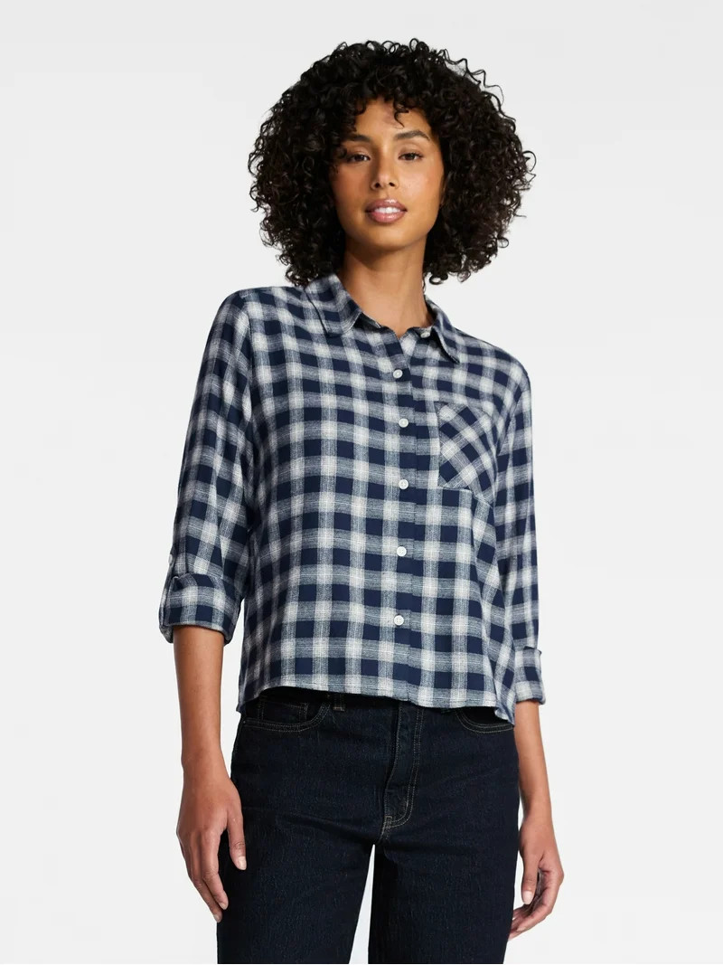 Time and Tru Women's Cropped Flannel Shirt, Sizes XS-XXXL | Walmart (US)