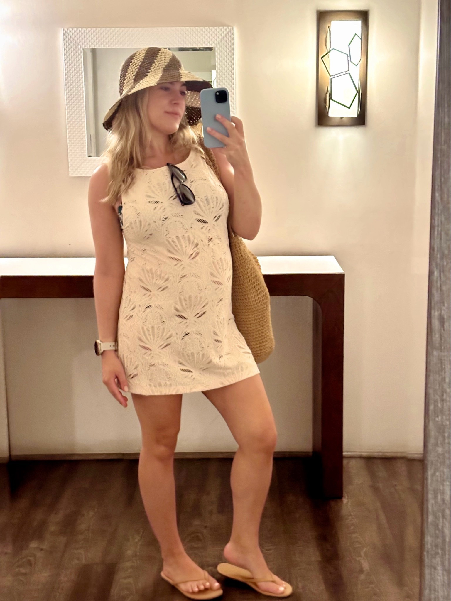 Easy, vacation beach outfit, summer outfit. Bucket hat, comfortable sandals, cover up, out the door.

#LTKBump #LTKSwim #LTKPetite