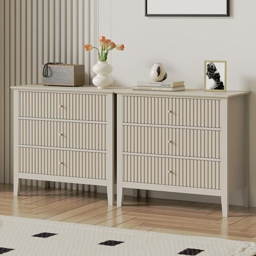 RoyalCraft 3 Drawer Dresser Set of 2, Fluted Chest of Drawers with Storage, Modern Painted 30 inch Tall Nightstand for Bedroom Living Room Entryway, Beige | Amazon (US)