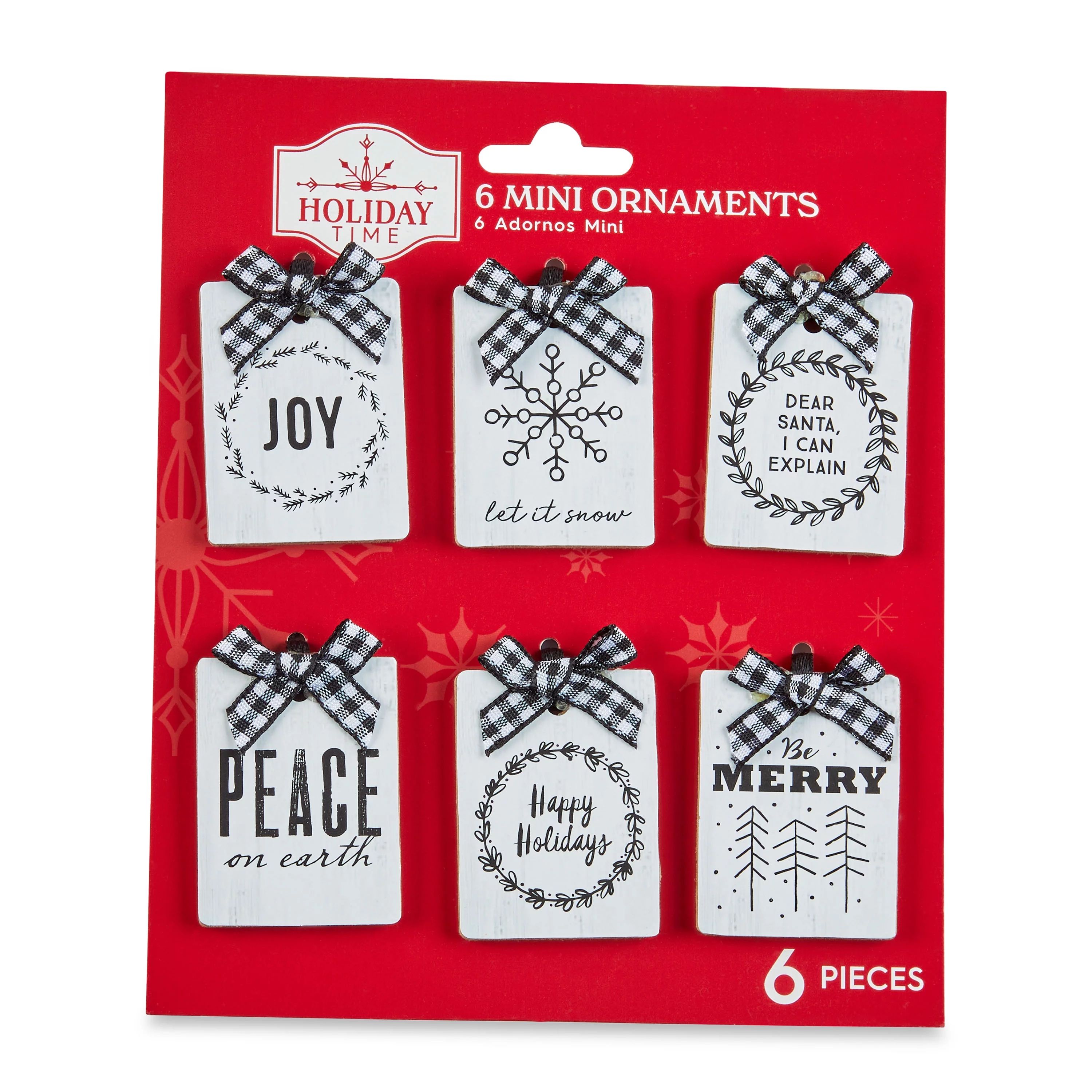 Holiday Time Mini Signs with Bows Christmas Ornaments, 6.13", 6 Count - Walmart.com | Walmart (US)