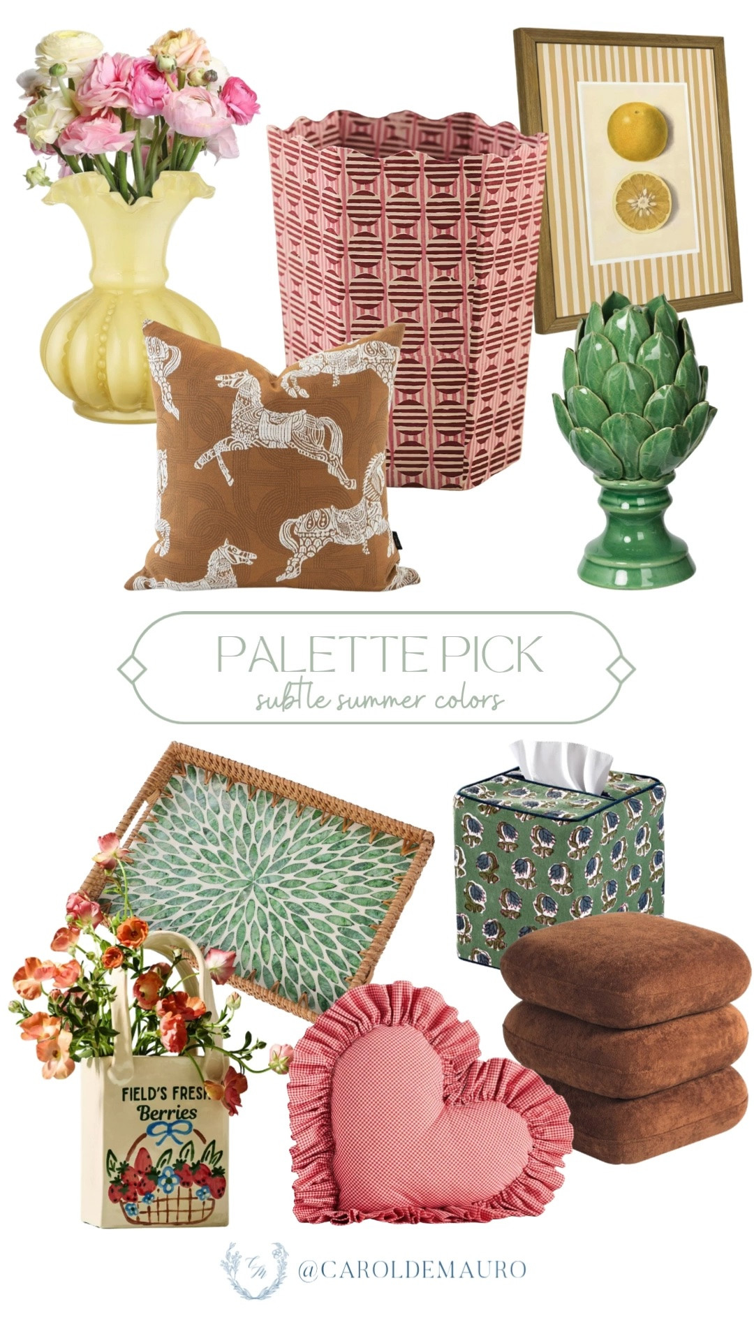 palette pick, summer colors, home finds, home decor, flower vase, trash can, woven tray, throw pillows, tissue paper holder, photo frames, ruffled heart pillow, pop of color, dopamine decor

#LTKHome