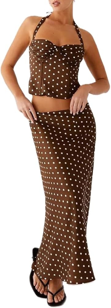 Mxiqqpltky Polka Dot 2 Piece Skirt Sets for Women Slim Fit Halter Cami Top Bodycon Maxi Skirt Set... | Amazon (US)