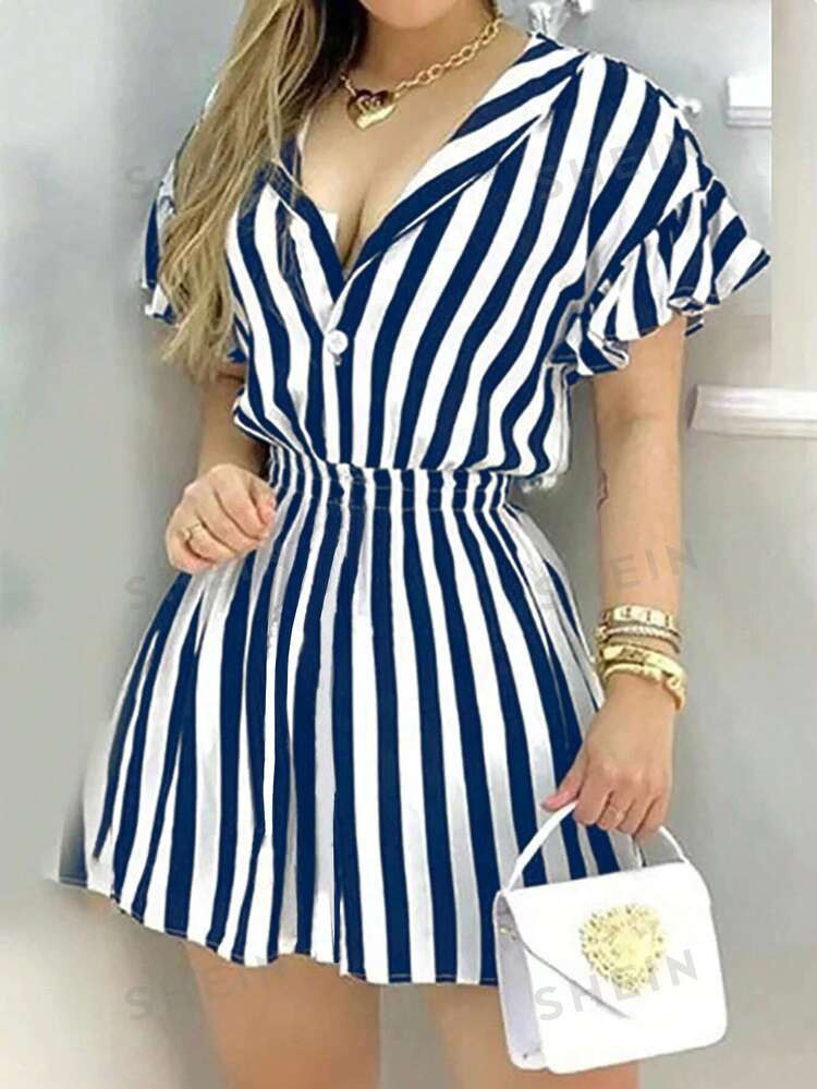 SHEIN Relaxiva Vestido de camisa casual de verano con mangas cortas, rayas y volantes con empalme... | SHEIN