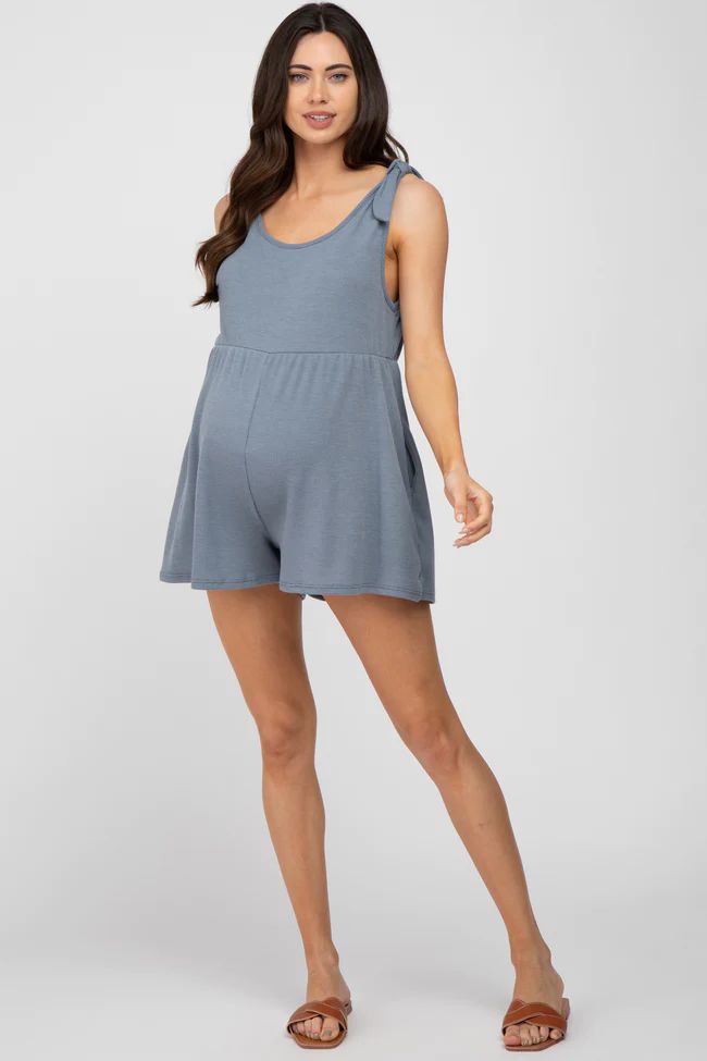 Blue Waffle Knit Shoulder Tie Maternity Romper | PinkBlush Maternity