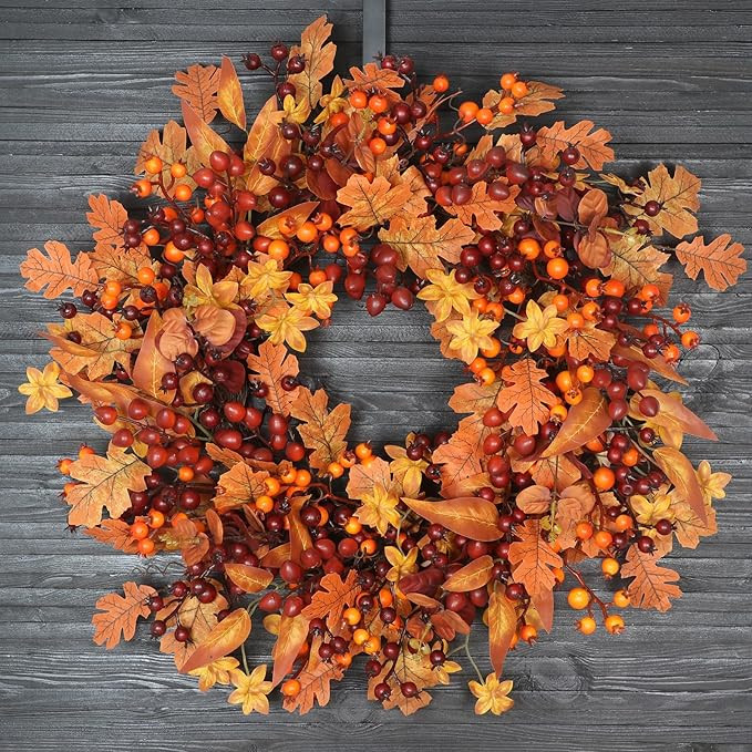24" Fall Wreath for Front Door - Artificial Autumn Wreath with Realistic Maple Leaves & Berry Acc... | Amazon (US)