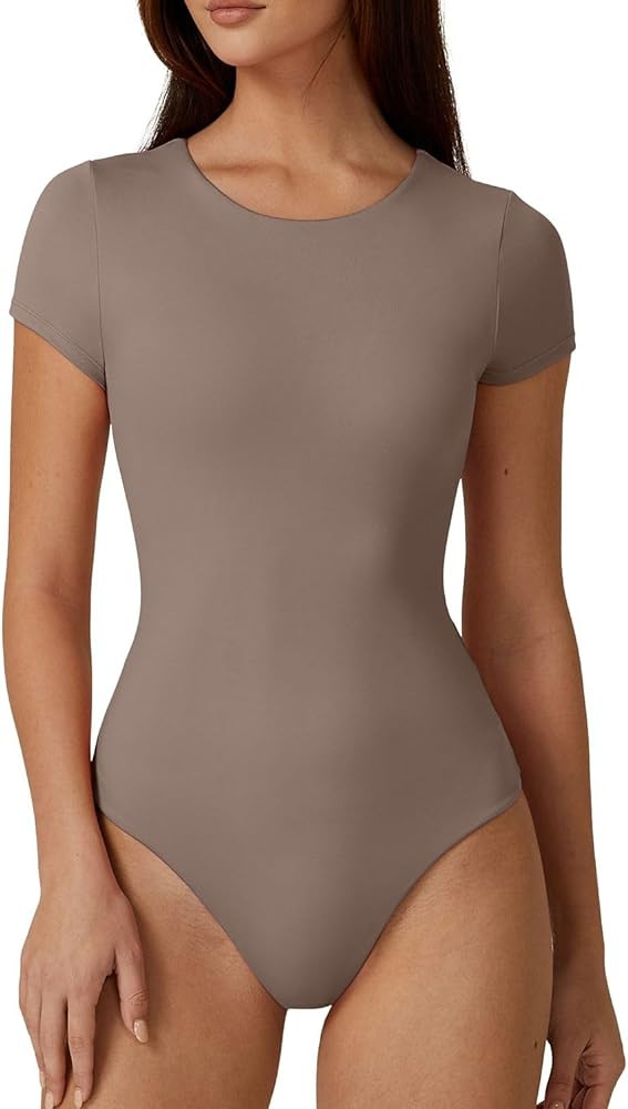 QINSEN Women's Crew Neck Short Sleeve Bodysuit Double Lined Body Suits Basic T-shirt Tops | Amazon (US)