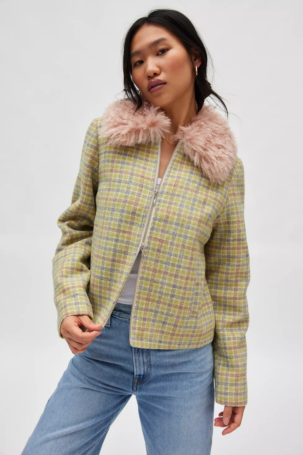 Kimchi Blue Mikey Faux Fur Trim Checked Jacket | Urban Outfitters (US and RoW)