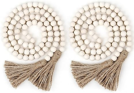 2Pcs Farmhouse Beads, 58in Wood Bead Garland with Tassels,Boho Beads Garland Tiered Tray Decor Ru... | Amazon (US)