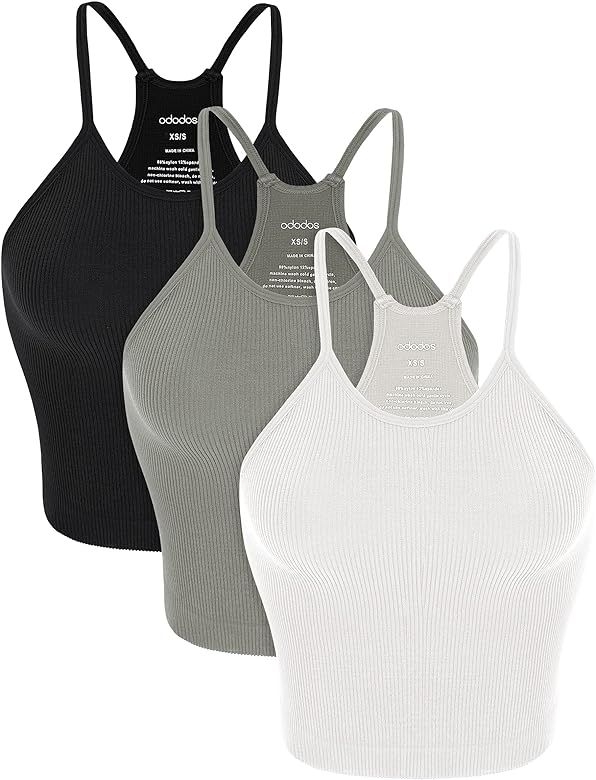 ODODOS Women's Crop 3-Pack Washed Seamless Rib-Knit Camisole Crop Tank Tops | Amazon (US)