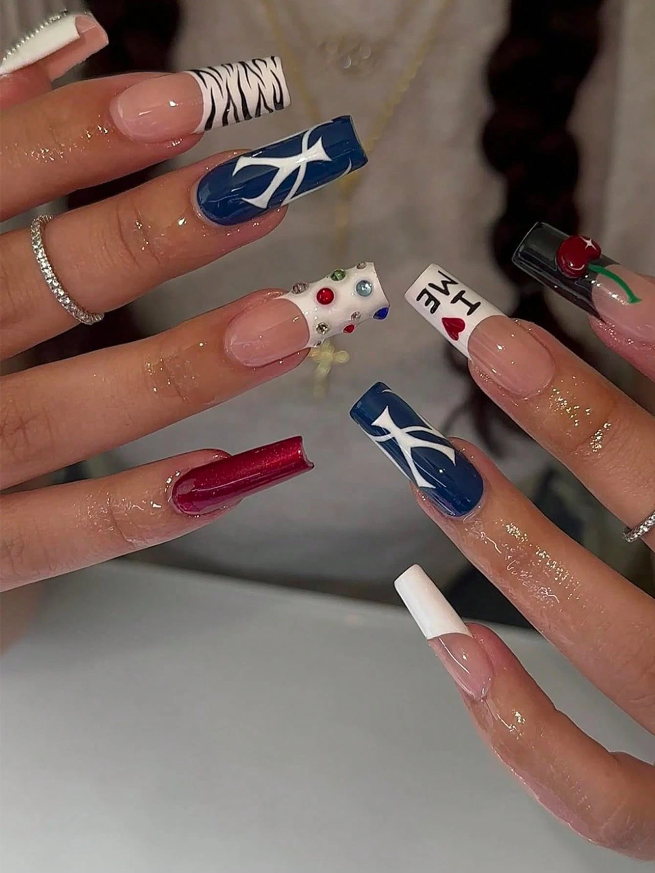 24 Pcs Of Long Square Press On Acrylic Nails In Summer Blue Nails Advanced Hand-Painted Contrast Color Sweet Cool Hot Girl Style White Black French Edge Colorful Diamond Red Cherry Zebra Stripes Specially Designed For Girls, Birthday Gift Party Portable Fake Nails With Jelly Glue 1 Piece File Strip 1 | SHEIN
