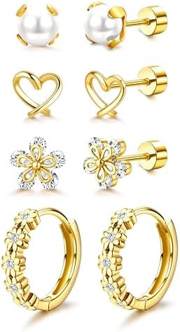 MILACOLATO 14K Gold Plated Hypoallergenic Earrings 316L Surgical Stainless Steel Cute Pearl Flowe... | Amazon (US)