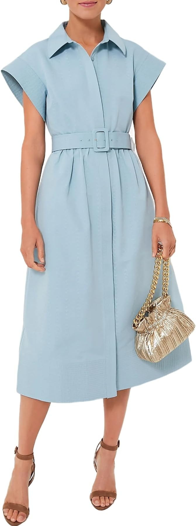 Womens 2024 Casual Short Wing Sleeves Dress Button Front Long Dress with Belt | Amazon (US)