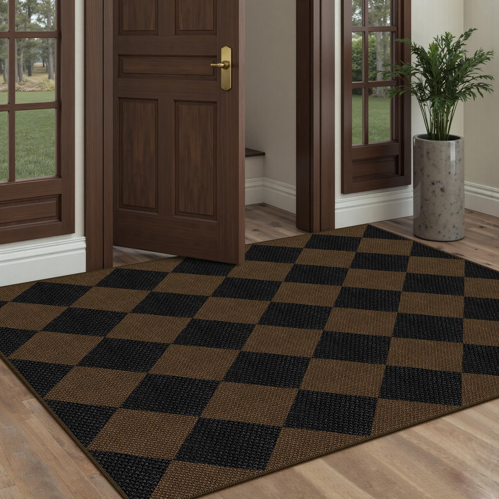 Easy Jute Checkered Area Rug, 3x5 Indoor Outdoor Entryway Rug Washable Coffee Modern Diamond Kitchen Rugs, Non-Slip Neutral Farmhouse Throw Carpet for Living Room Patio Kids Room | Amazon (US)
