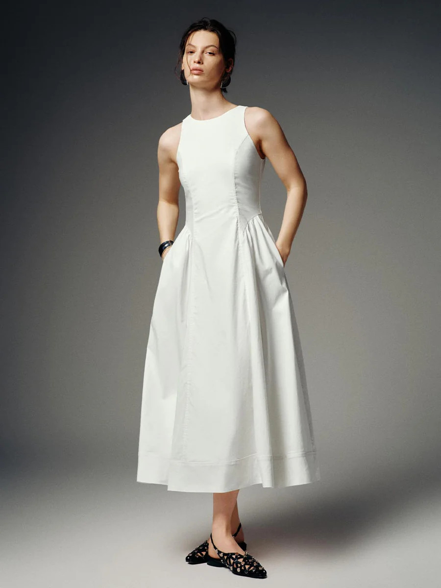 Linen Blend Sleeveless Seamed A-Line Midi Dresses | Urban Revivo