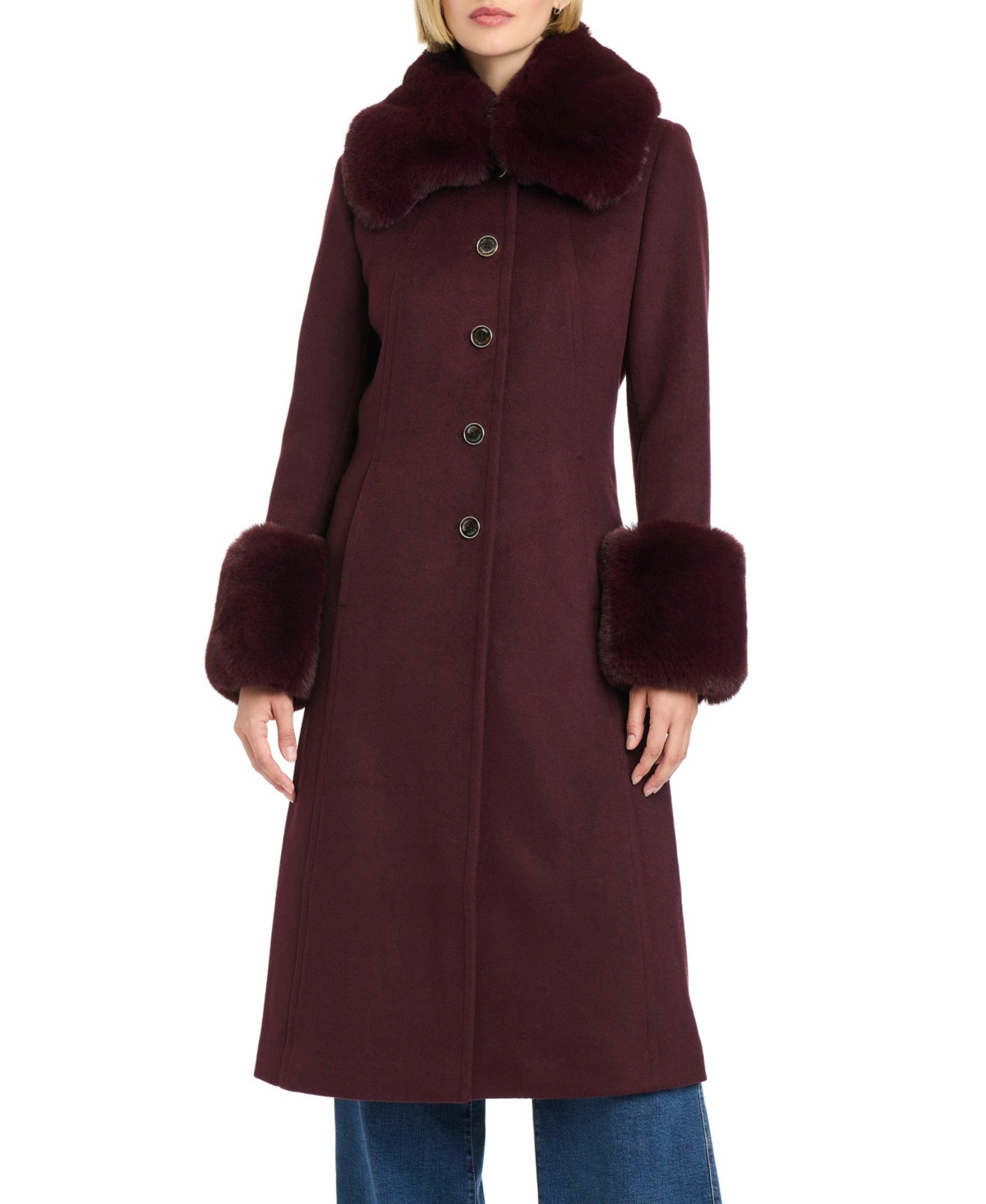 Vince Camuto Women's Single-Breasted Maxi Coat W/ Detachable Faux Fur - Burgundy | Macy's