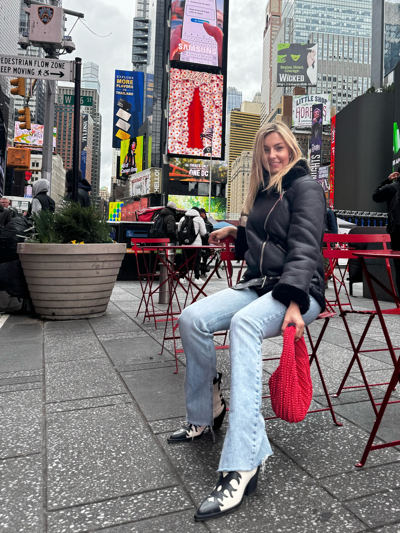 NYC spring outfit 

Flare jeans • bootcut jeans • moto jacket • faux shearling jacket • beaded bag • red bag • cowboy boots • western boots • black and white boots 

#LTKshoecrush #LTKitbag #LTKstyletip
