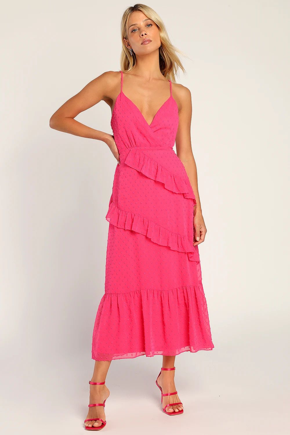 Cheers to Me Hot Pink Swiss Dot Tiered Ruffled Midi Dress | Lulus (US)