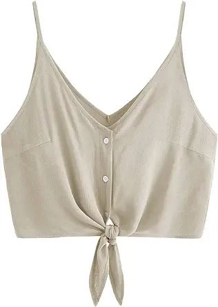 MakeMeChic Women's Casual V Neck Button Self Tie Front Crop Cami Tops Camisole | Amazon (US)